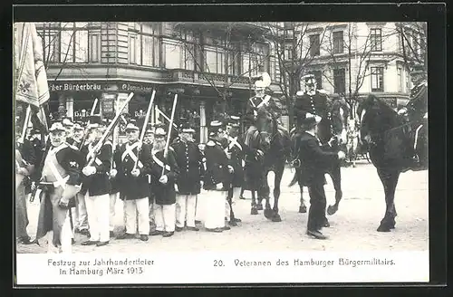 AK Hamburg, Festzug zur Jahrhundertfeier März 1913, 20. Veteranen des Hamburger Bürgermilitärs, in Uniformen, Volksfest