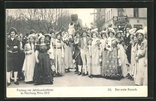 AK Hamburg, Festzug zur Jahrhundertfeier März 1913, 28. der erste Kosak, Frauen in Ausgehkleidern, Volksfest
