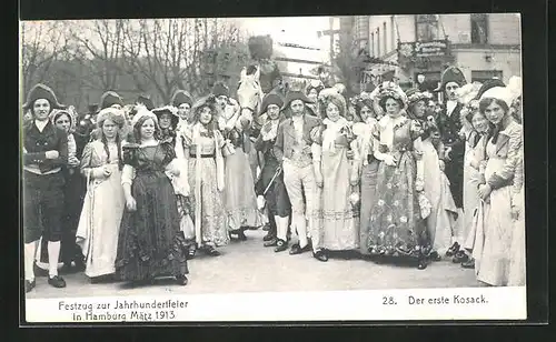 AK Hamburg, Festzug zur Jahrhundertfeier März 1913, 28. der erste Kosak zu Pferd, Frauen in Kleidern, Volksfest