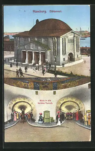 AK Hamburg-St. Pauli, Elbtunnel, Blick in die beiden Tunnel, Passanten unter der Erde