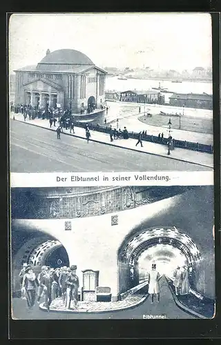 AK Hamburg-St. Pauli, Elbtunnel, Blick auf die Elbe, Passanten im Tunnel