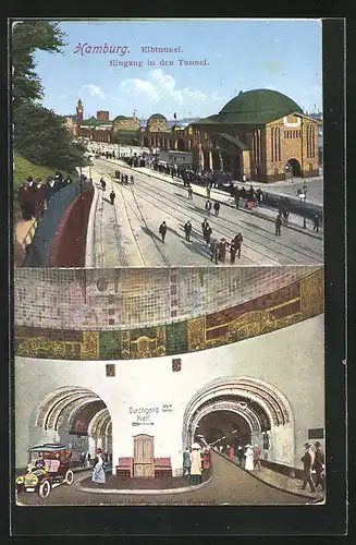 AK Hamburg-St. Pauli, Elbtunnel, Eingang in den Tunnel, Blick in die beiden Tunnel