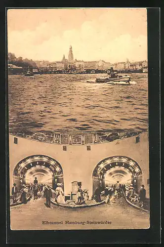 AK Hamburg-St. Pauli, Elbtunnel, Steinwärder, Stadtblick von der Elbe aus