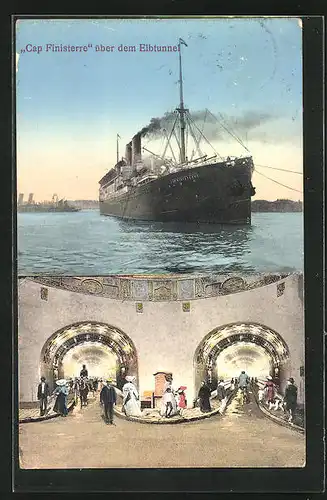 AK Hamburg-St. Pauli, Elbtunnel, Ausflugsschiff Cap Finsterre, Blick in den Tunnel