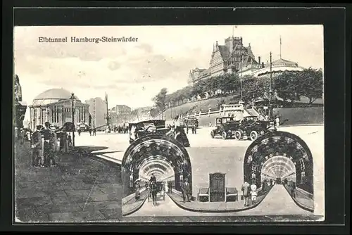 AK Hamburg-St. Pauli, Elbtunnel, Steinwärder, Automobile auf dem Vorplatz zur Tunneleinfahrt