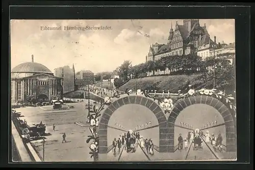 AK Hamburg-St. Pauli, Elbtunnel, Steinwärder, Platzpartie vor der Einfahrt, Blick in die Tunnel