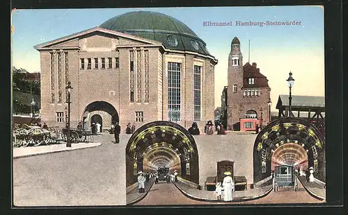 AK Hamburg-St. Pauli, Elbtunnel, Steinwärder, Platzpartie vor der Kuppel, Tunnelansicht