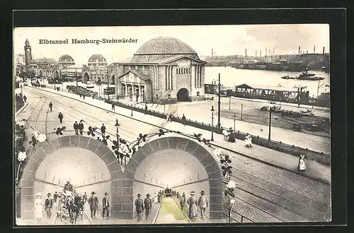 AK Hamburg-Steinwärder, Elbtunnel, Strassenpartie vor der Tunneleinfahrt, Blick in die Tunnel