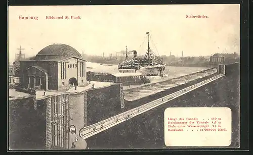 AK Hamburg-St. Pauli, Elbtunnel, Passanten im Tunnel unter der Elbe, Blick nach Steinwärder