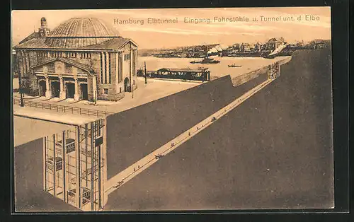 AK Hamburg-St. Pauli, Elbtunnel, Eingang, Fahrstühle und Tunnel unter der Elbe, Querschnitt