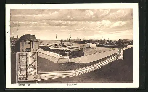 AK Hamburg-St. Pauli, Elbtunnel, Blick nach Steinwärder, Querschnitt des Tunnels unter der Elbe