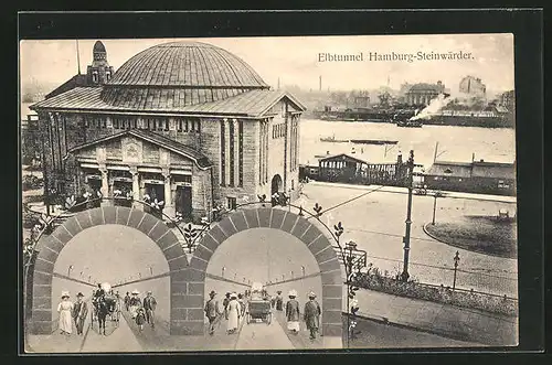 AK Hamburg-Steinwärder, Elbtunnel, an der Tunneleinfahrt unter der Kuppel, Blick auf die Elbe