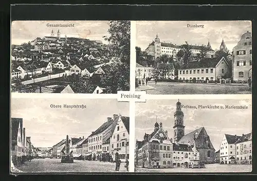 AK Freising, Gesamtansicht, obere Hauptstrasse, Rathaus, Pfarrkirche und Mariensäule