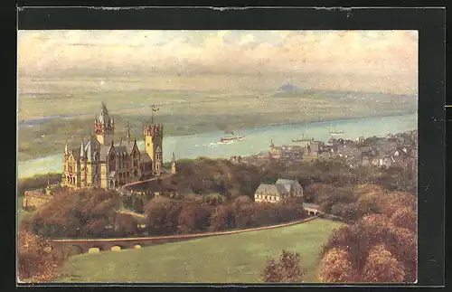 Künstler-AK Königswinter, Blick vom Drachenfels auf die Drachenburg