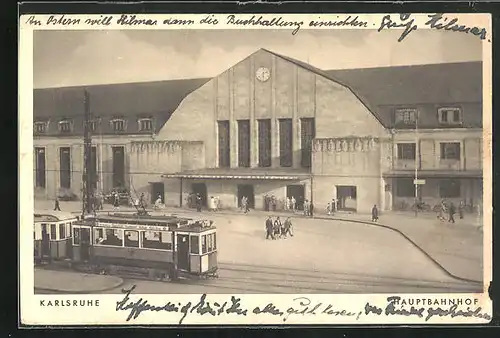 AK Karlsruhe, Strassenbahn am Hauptbahnhof