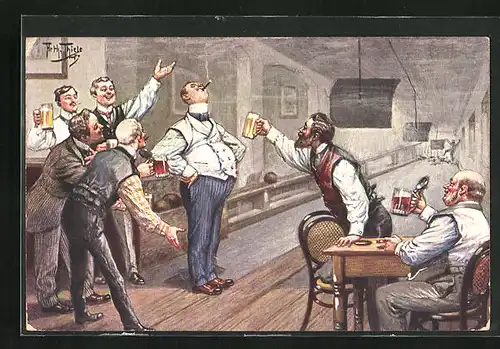 Künstler-AK Arthur Thiele: Männer mit Bier beim Kegelabend