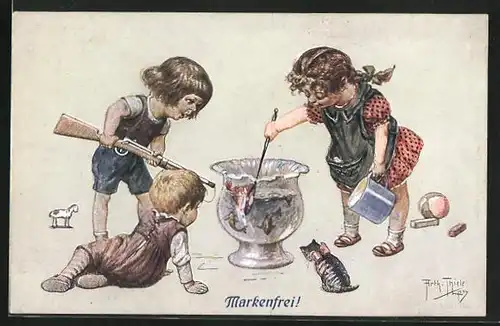 Künstler-AK Arthur Thiele: Markenfrei, Kinder am Goldfischglas