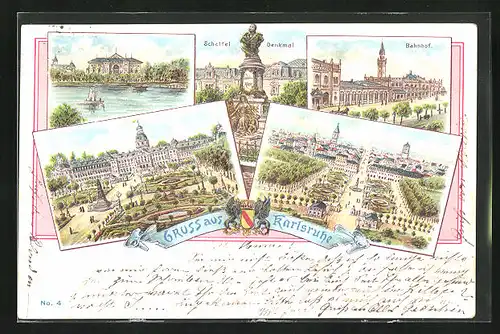 Lithographie Karlsruhe, Scheffel-Denkmal, Bahnhof, Gesamt- und Teilansichten