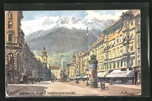 Künstler-AK Rudolf Preuss: Innsbruck, Maria-Theresien-Strasse mit Litfasssäule