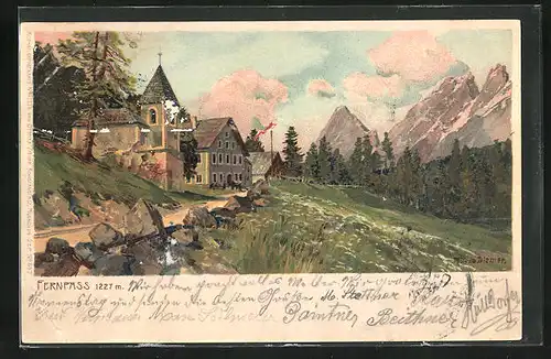 Künstler-Lithographie Zeno Diemer: Fernpass, Hotel am Fernpass