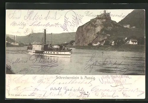 AK Aussig / Usti, Blick über die Elbe zur Burg Schreckenstein