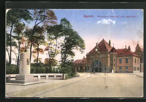 AK Oppeln, Bahnhof und Bismarckdenkmal
