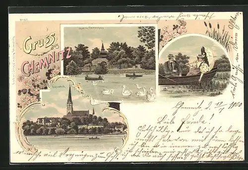 Lithographie Chemnitz, Insel mit Taubenhaus, Schlossteich