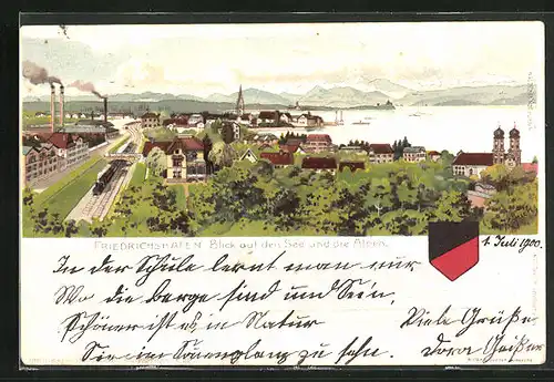 Lithographie Friedrichshafen, Blick auf See und Alpen