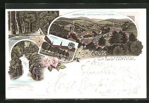 Lithographie Lichtenthal, Kloster, Allee, Geroldsauer Wasserfall