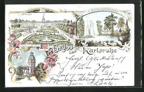 Lithographie Karlsruhe, Schlossthurm, Schloss, Schlossgartensee