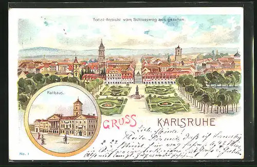 Lithographie Karlsruhe, Rathaus, Totale vom Schlossweg gesehen