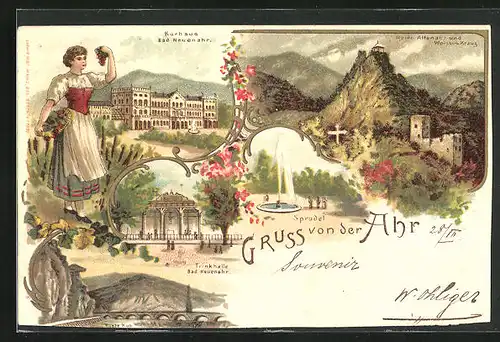 Lithographie Bad Neuenahr, Kurhotel, Trinkhalle, Sprudel, Ruine