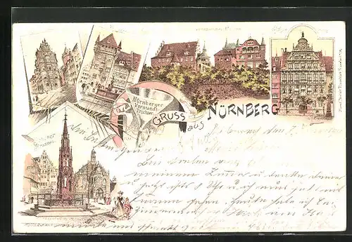 Lithographie Nürnberg, Schöner Brunnen, Nassauer-Haus, Toppler-Haus, Germanisches Museum