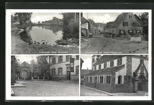 AK Forchheim, Schule und Kriegerdenkmal, Entenweier, Hauptstrasse mit Linde