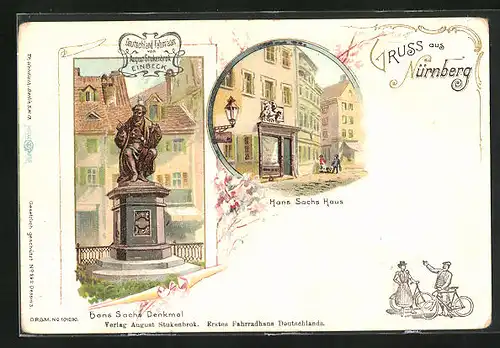 Lithographie Nürnberg, Hans Sachs Haus und Denkmal, Werbekarte Fahrräder von August Stukenbrok in Einbeck
