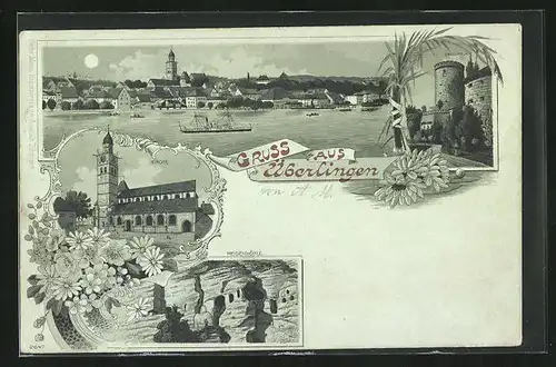 Mondschein-Lithographie Überlingen, Kirche, Heidenhöhle, Gallerturm, Gesamtansicht