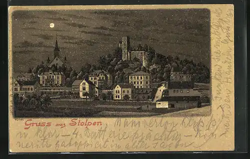 Mondschein-Lithographie Stolpen, Gesamtansicht mit Burg