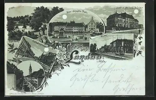 Mondschein-Lithographie Landau / Pfalz, Ostbahnstrasse, Ostpark, Marktstrasse