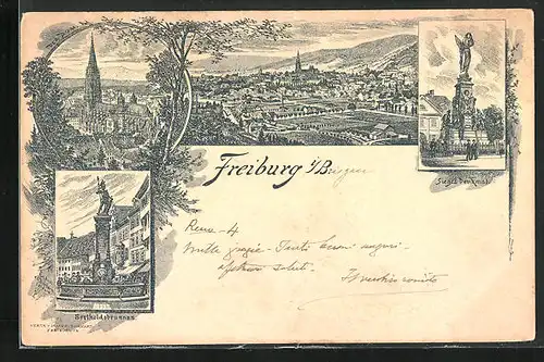 Lithographie Freiburg i. B., Bertholdsbrunnen, Siegesdenkmal, Panorama