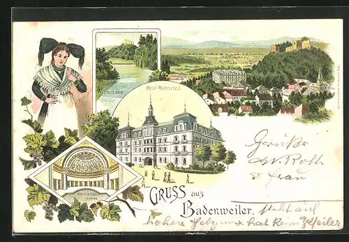 Lithographie Badenweiler, Hotel Römerbad, Parksee, Gesamtansicht