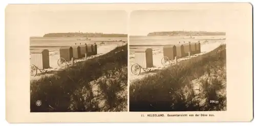 Stereo-Fotografie NPG, Ansicht Helgoland, Blick auf die Insel von den Dünen aus mit Badehäusschen