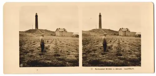 Stereo-Fotografie NPG, Ansicht Wittdün a. Amrum, Blick auf den Leuchtturm mit Wärterhäuschen