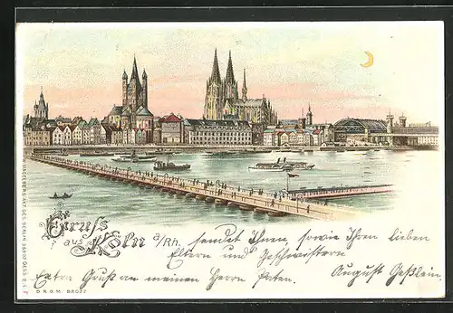 Lithographie Köln, Panorama mit Brücke, Dom und Dampfer auf dem Rhein, Halt gegen das Licht