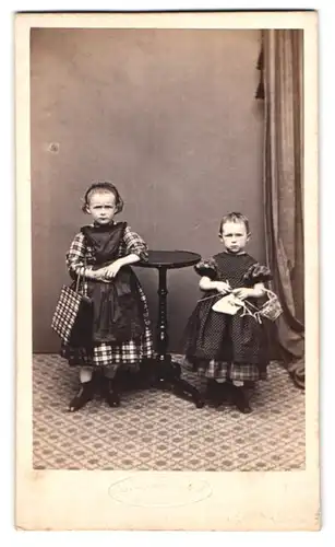 Fotografie C. Bosshard, Horgen, Portrait zwei niedliche Mädchen in karierten Kleidern mit Strickzeug und Handtasche