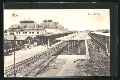 AK Ploesti, Gara de Sud, Süd-Bahnhof mit Bahnsteigen
