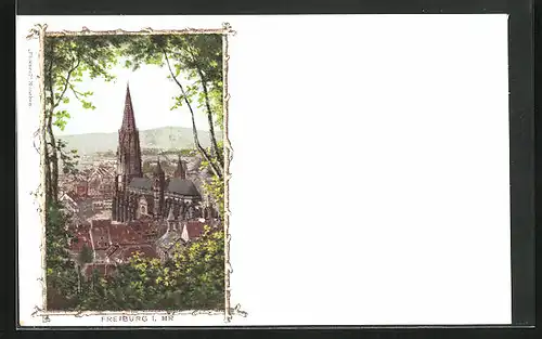 AK Freiburg i. Br., Blick auf Stadt mit Kirche