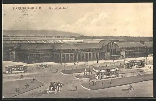AK Karlsruhe i. B., Hauptbahnhof mit Strassenbahnen