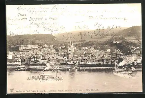 AK Boppard a. Rhein, Gesamtansicht mit Rheinpartie, Dampfer und Kirche