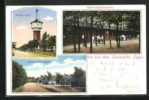 AK Lockstedt, Abbildung des Wasserturmes und der Wellblech - und Manschaftsbaracken