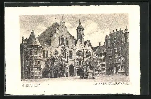 Künstler-AK Hildesheim, Marktplatz und Rathaus